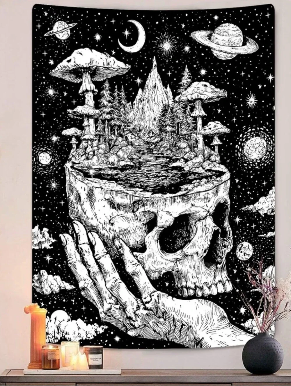Hand Holding Skull Black White Mushroom Moon Dark Fantasy Goth Big Wall Tapestry
